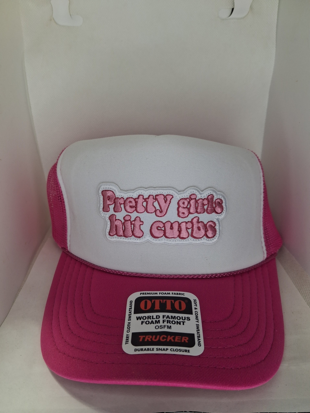 OTTO Pink & White Kids Trucker Hat with 'Pretty girls hit curbs' Patch